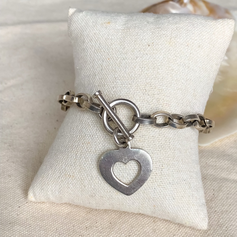 925 Sterling Silver Heart Cutout Toggle Bracelet • Chunky Chain Y2K - Picture 2 of 5